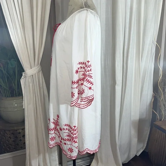 CC Chic Connection white tunic long shirt red embroidery tassel tie dress Small​ - Picture 14 of 16